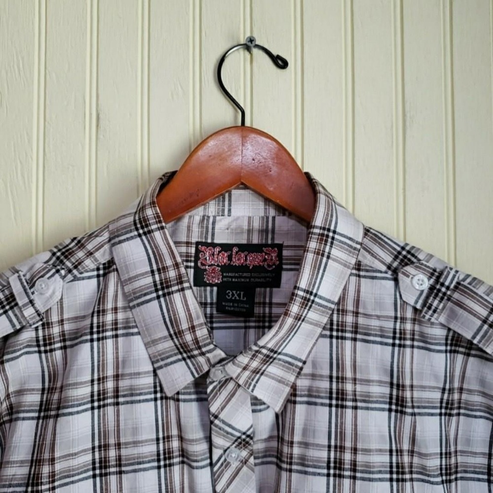 Blac Lacquer Shirt Mens 3XL White Brown Plaid Short Sleeve Button-Up Casual